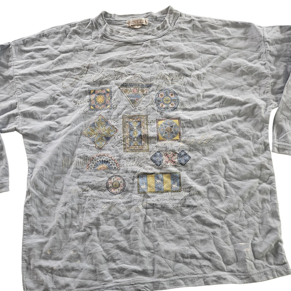 Venezia Shirt Womens 2XL Gray Long Sleeve Graphic Quilt Patchwork Crewneck Faded